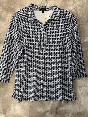 Talbots Navy and White Geometric Button-Down Polo (love19)